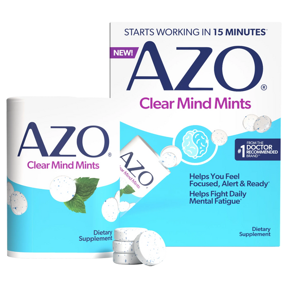 AZO Clear Mind Mints dietary supplement packaging, showing a white and blue cylindrical box, a white and blue retail box, and several white round mints with blue speckles in the foreground.