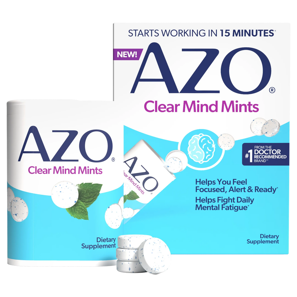 AZO Clear Mind Mints dietary supplement packaging, showing a white and blue cylindrical box, a white and blue retail box, and several white round mints with blue speckles in the foreground.