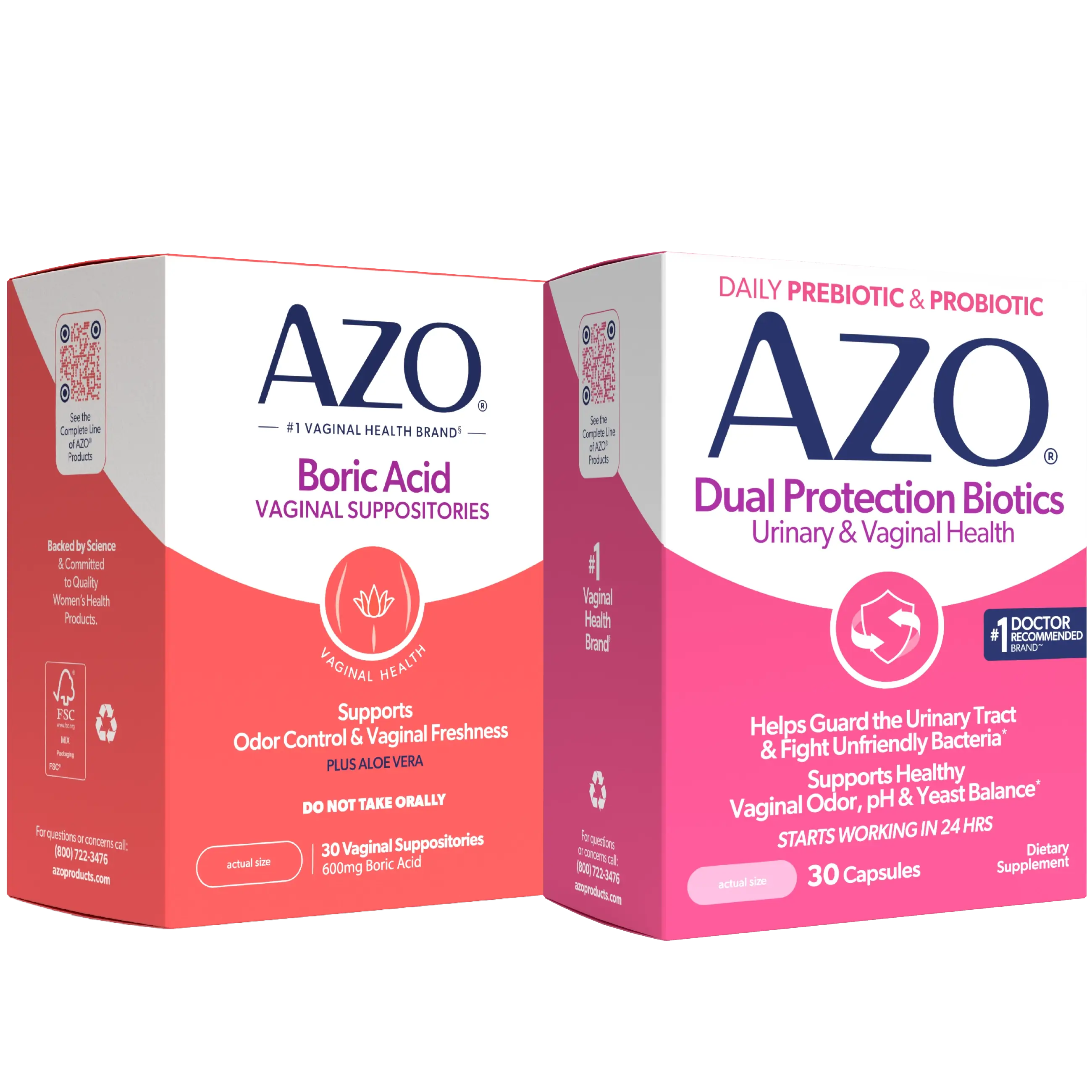 Two Azo dietary supplement boxes shown side by side on a plain white background. The left box is labeled Boric Acid Vaginal Suppositories, and the right box is labeled Dual Protection Biotics Urinary & Vaginal Health.