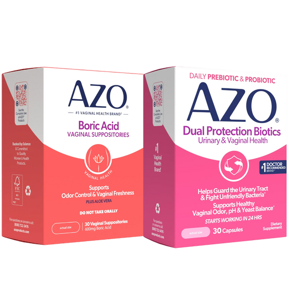 Two Azo dietary supplement boxes shown side by side on a plain white background. The left box is labeled Boric Acid Vaginal Suppositories, and the right box is labeled Dual Protection Biotics Urinary & Vaginal Health.