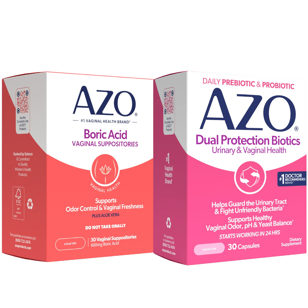 Two Azo dietary supplement boxes shown side by side on a plain white background. The left box is labeled Boric Acid Vaginal Suppositories, and the right box is labeled Dual Protection Biotics Urinary & Vaginal Health.