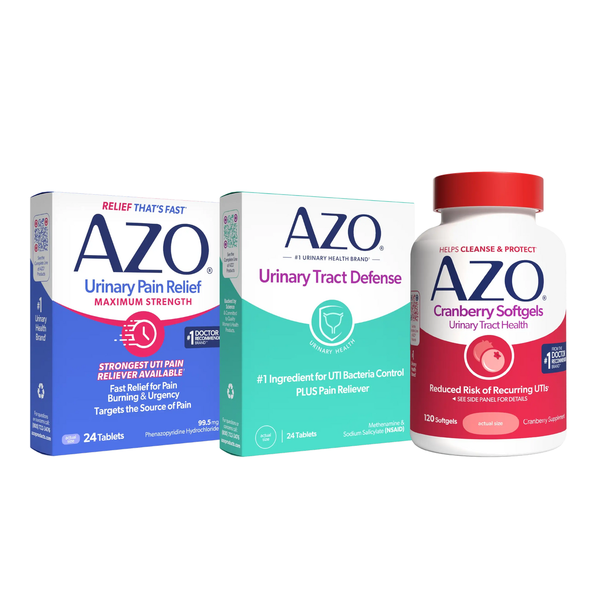 Three AZO health product items on a plain white background: a blue and white Urinary Pain Relief box, a mint and white Urinary Tract Defense box, and a white bottle of Cranberry Softgels with a red cap.