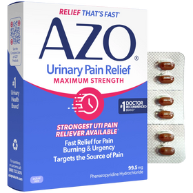 AZO Urinary Pain Relief Maximum Strength medicine box shown with a blister pack of brown capsules on a clean white background.