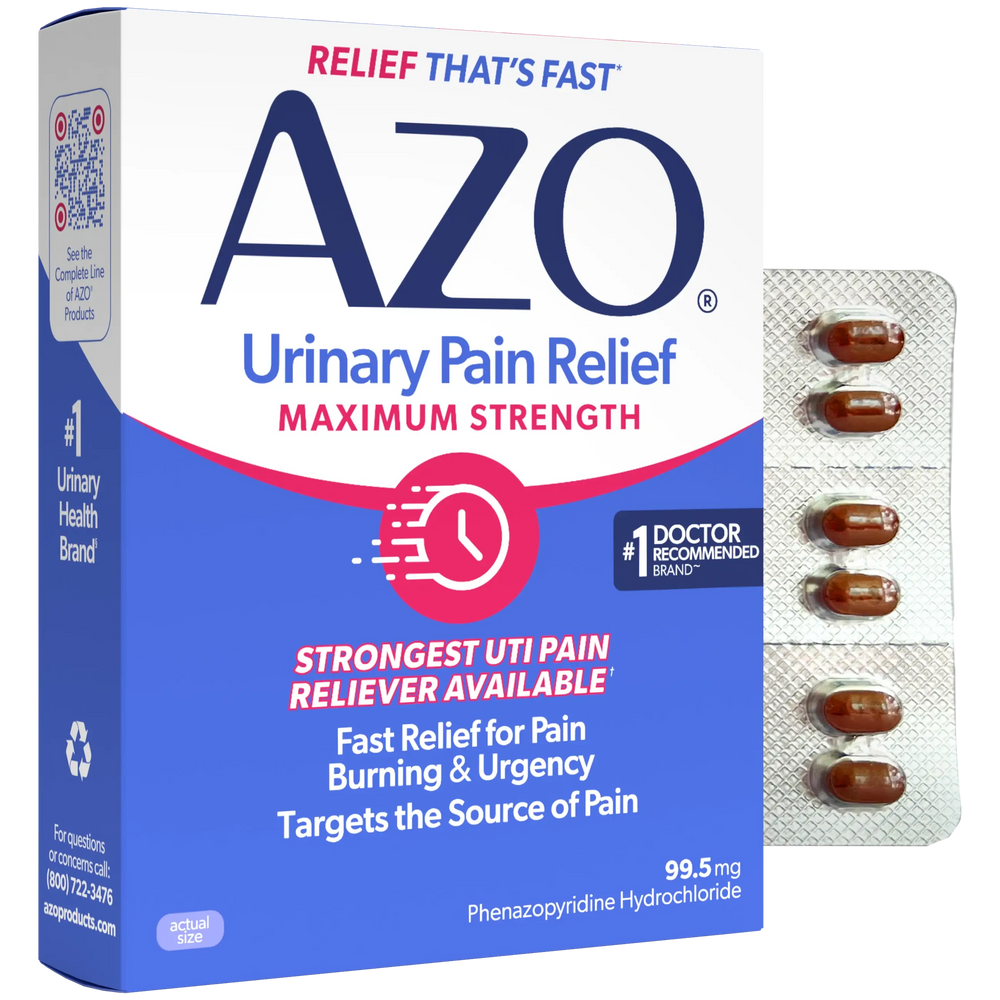 AZO Urinary Pain Relief Maximum Strength medicine box shown with a blister pack of brown capsules on a clean white background.