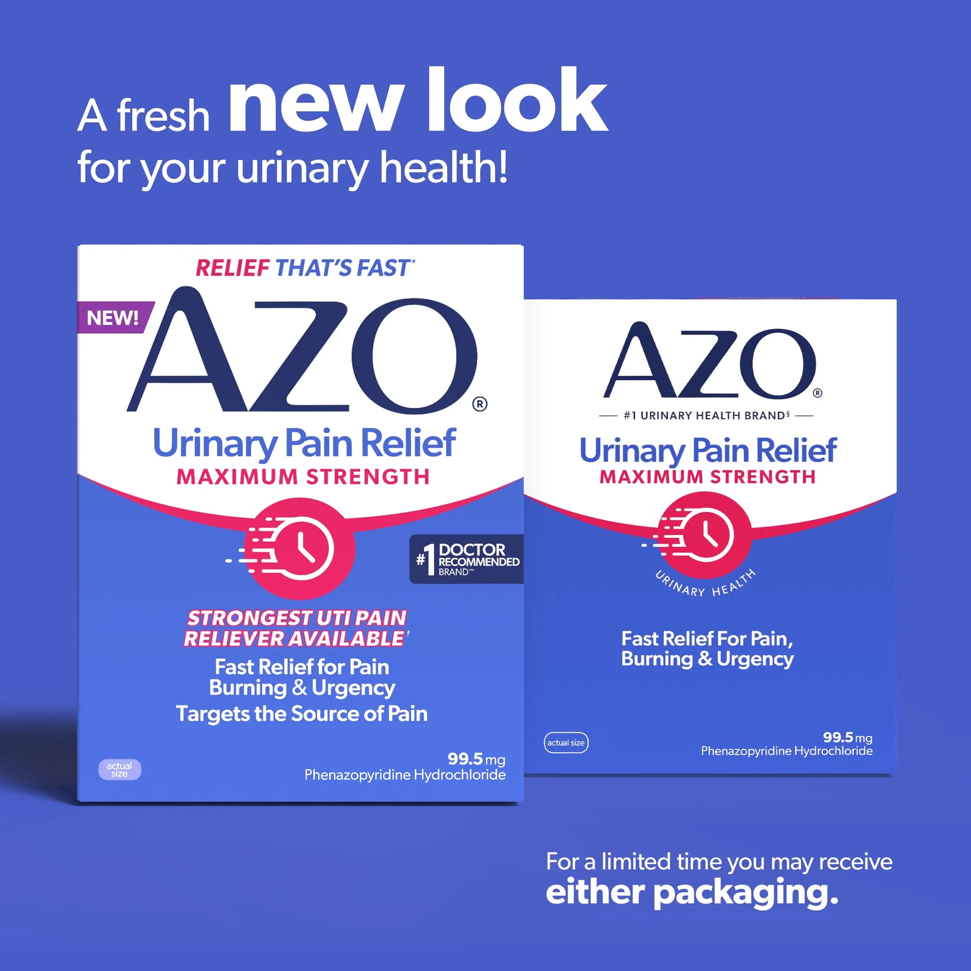 AZO Urinary Pain Relief packaging on a blue background with promotional text.