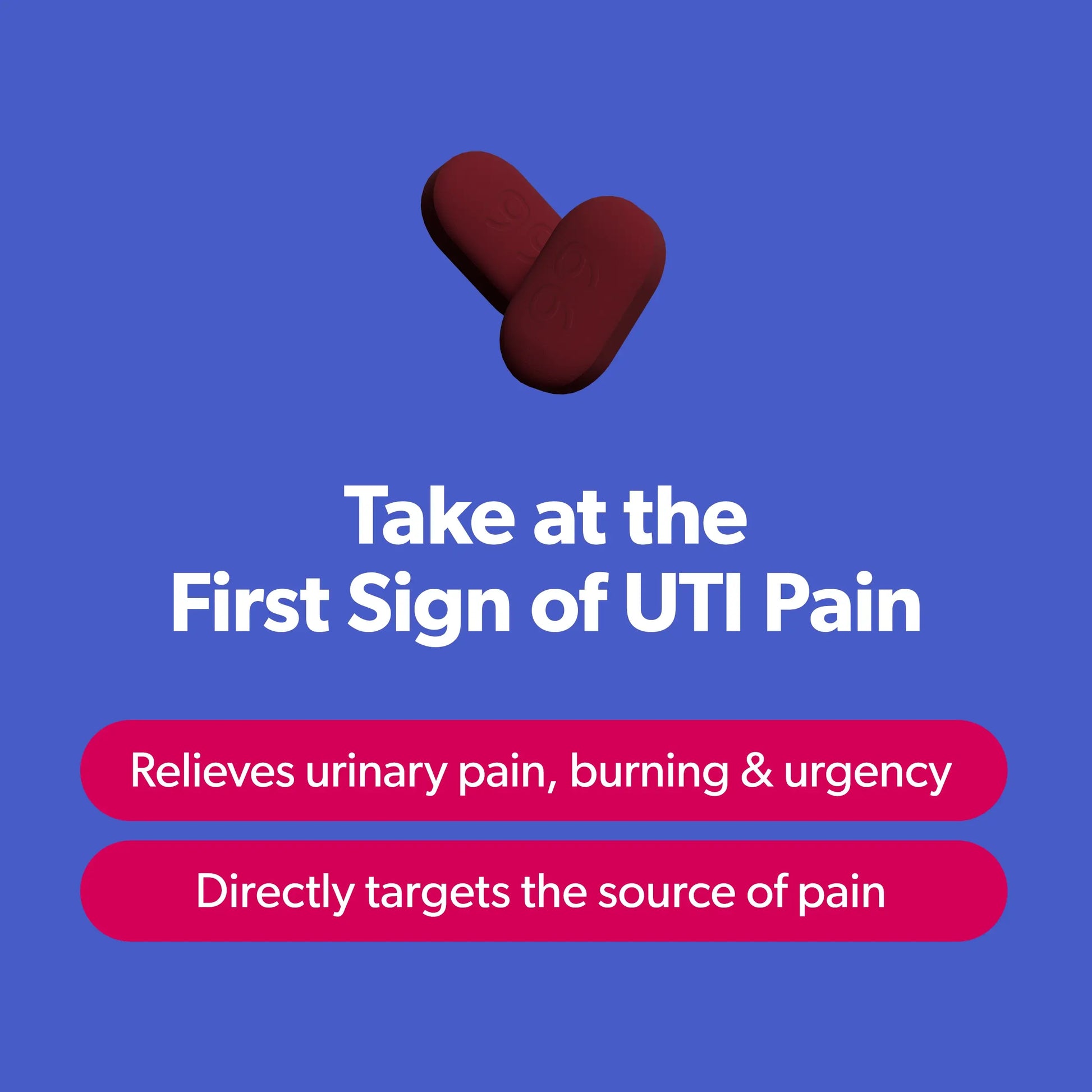 Two red pills on a blue background with text about UTI pain relief.