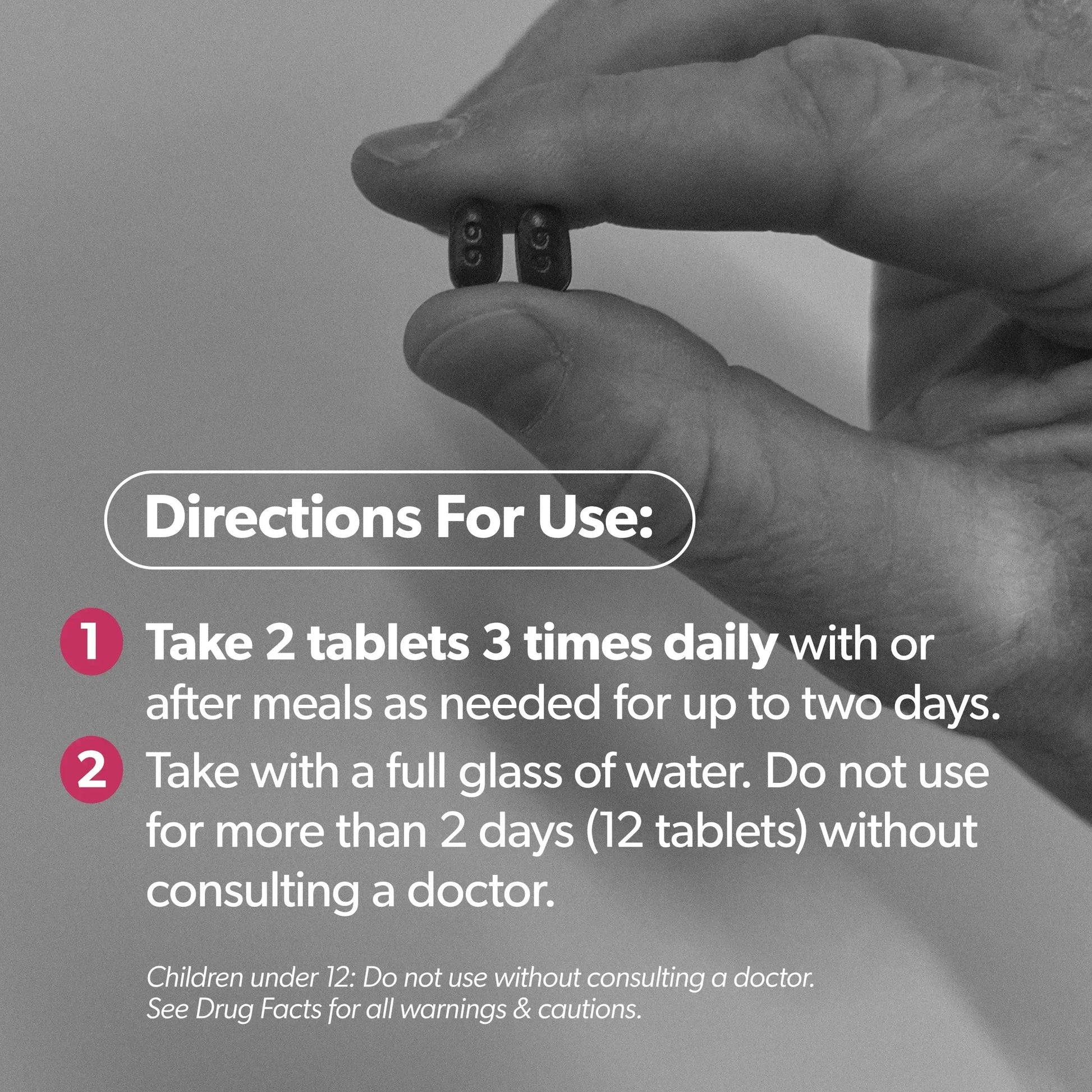 Hand holding two small black tablets with directions for use text overlay on a gray background