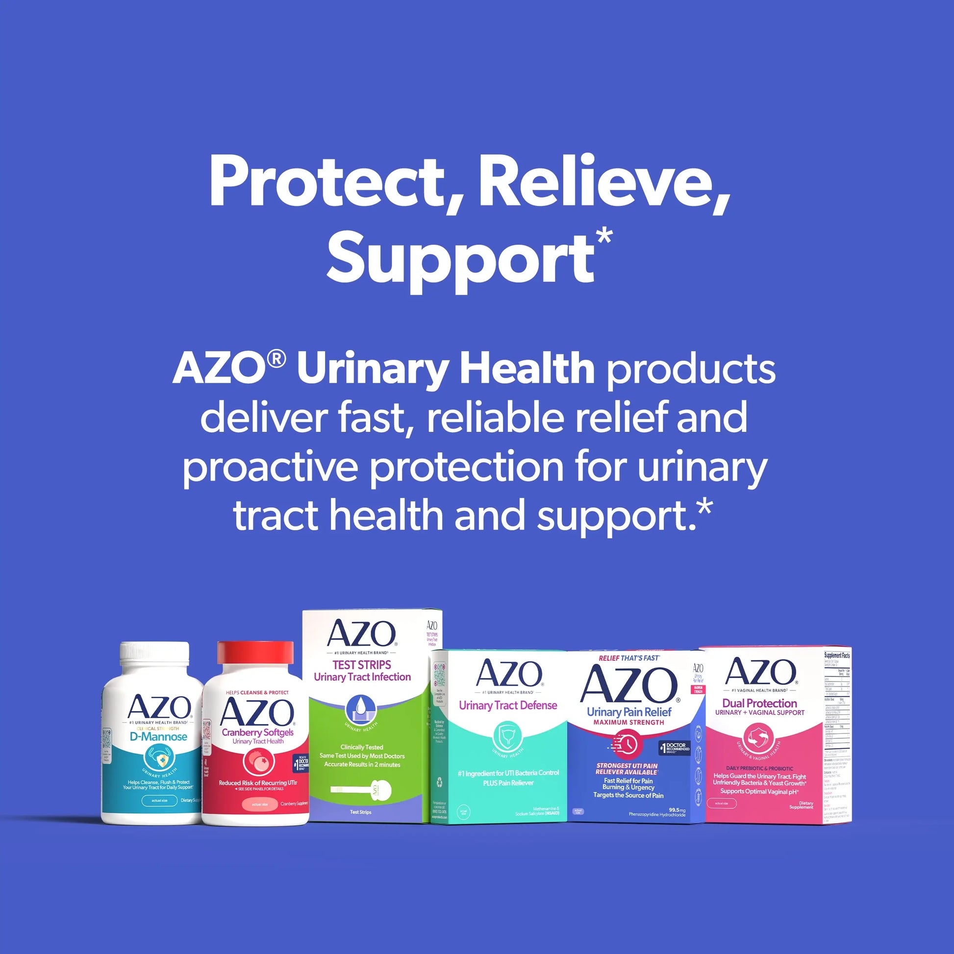 AZO Urinary Health products with text on a blue background