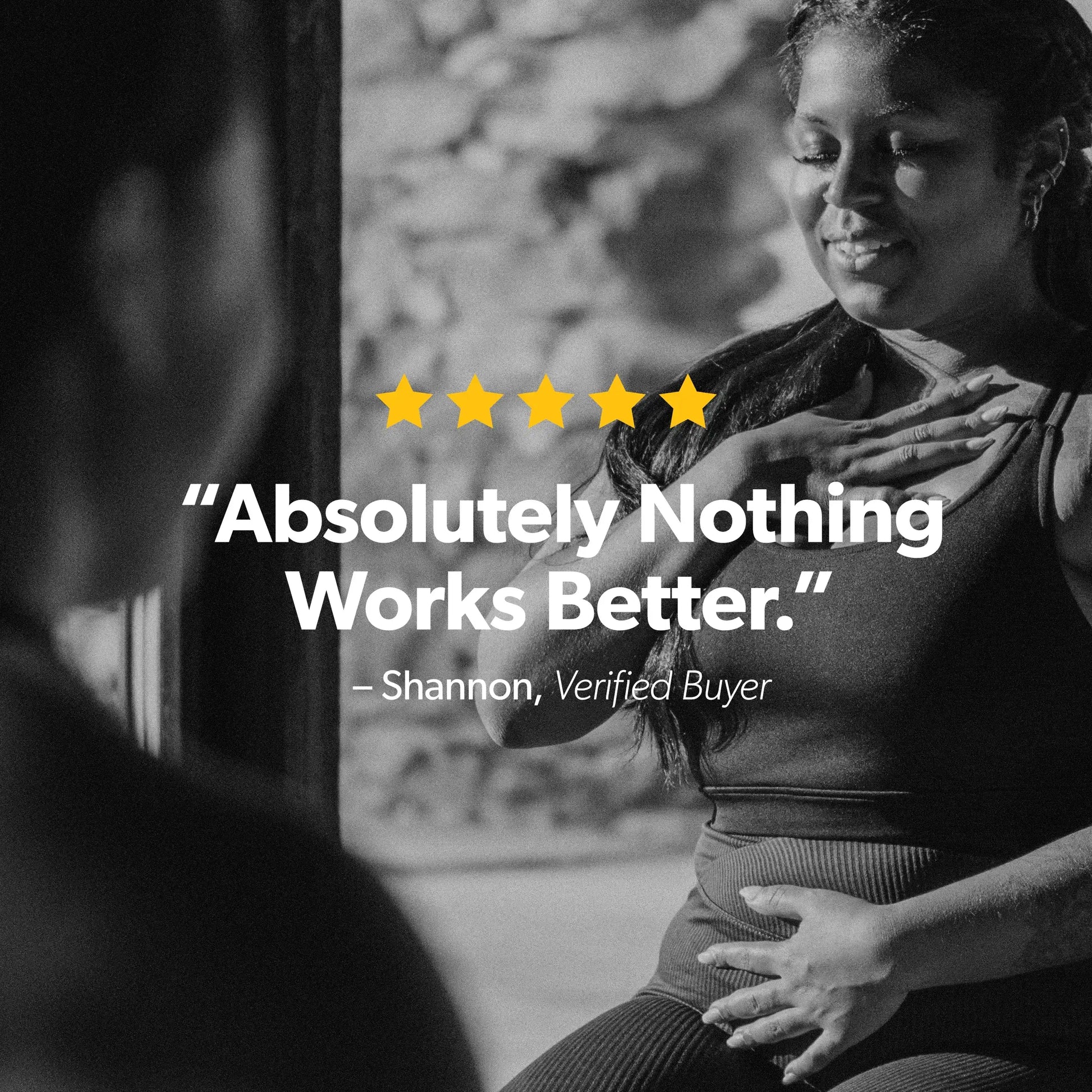 Black and white photo of a woman with text overlay about a verified buyer's experience.