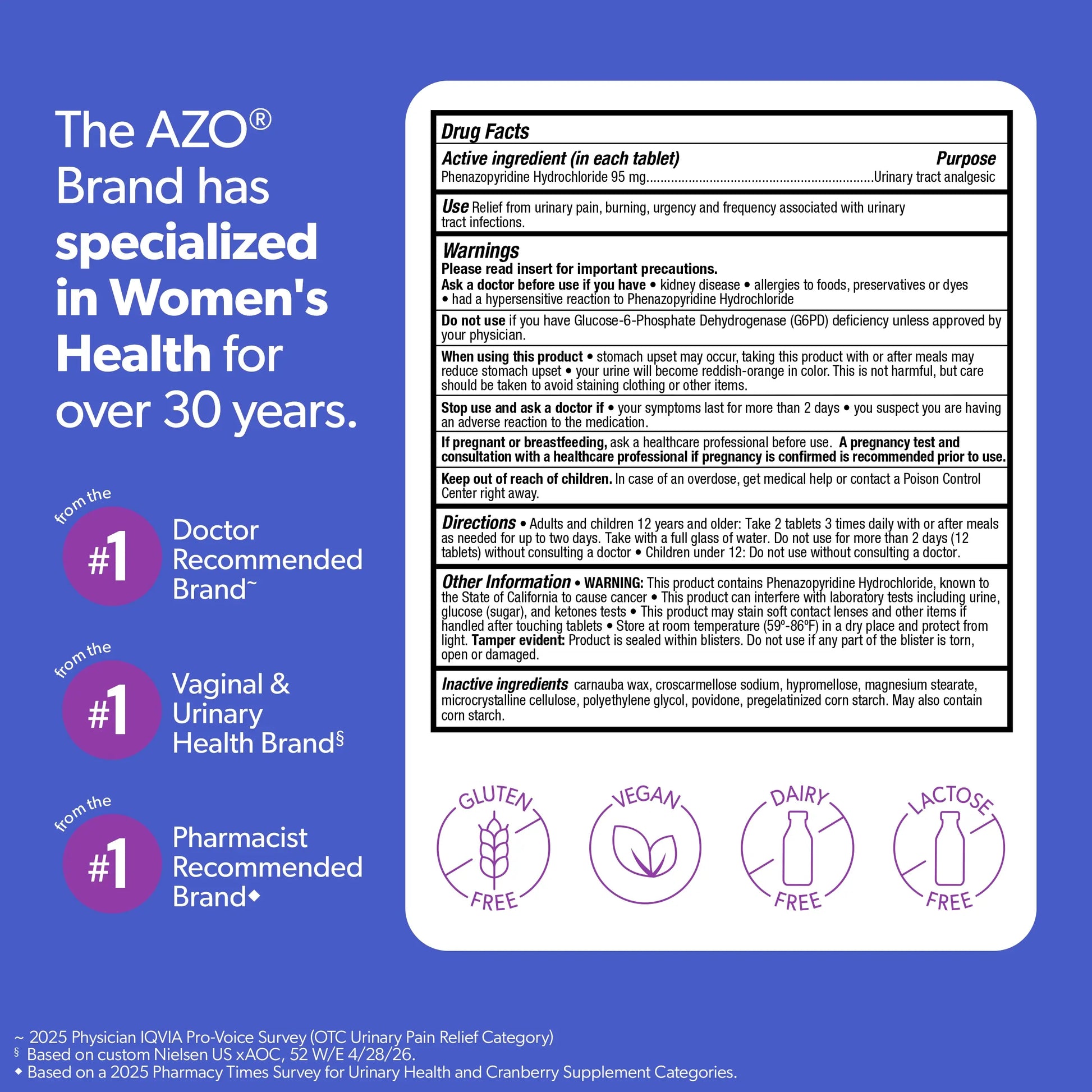 AZO women's health supplement label with blue background and white text