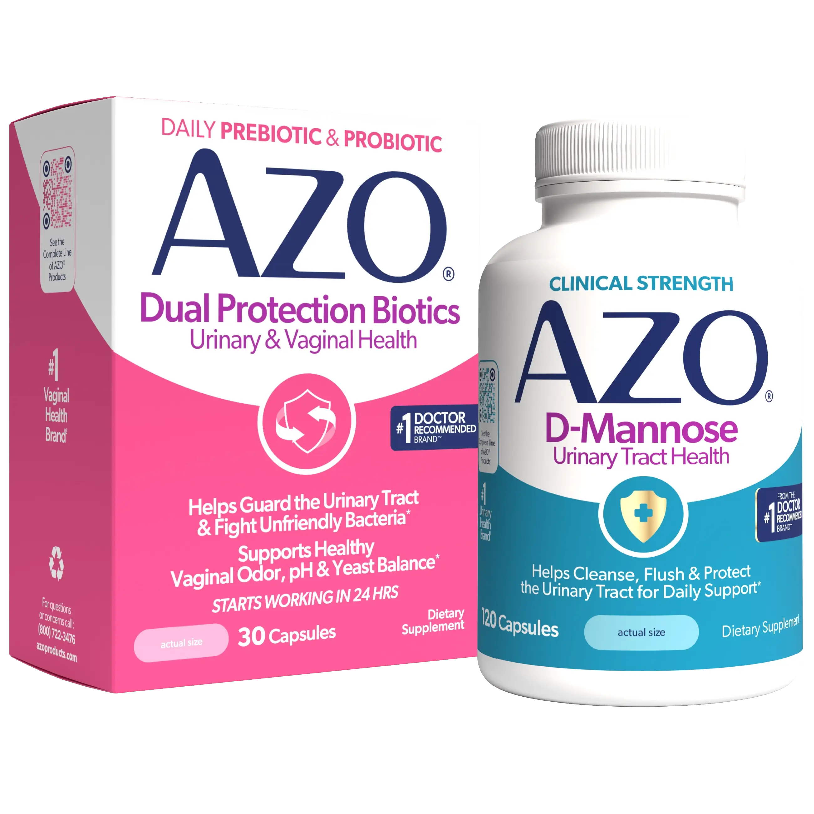 AZO Dual Protection Biotics dietary supplement shown with its pink and white retail box and a white bottle labeled Clinical Strength D-Mannose, on a plain white background.