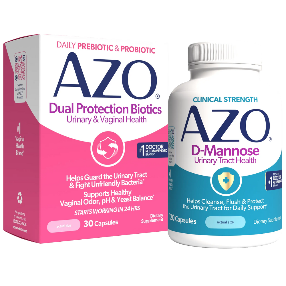 AZO Dual Protection Biotics dietary supplement shown with its pink and white retail box and a white bottle labeled Clinical Strength D-Mannose, on a plain white background.