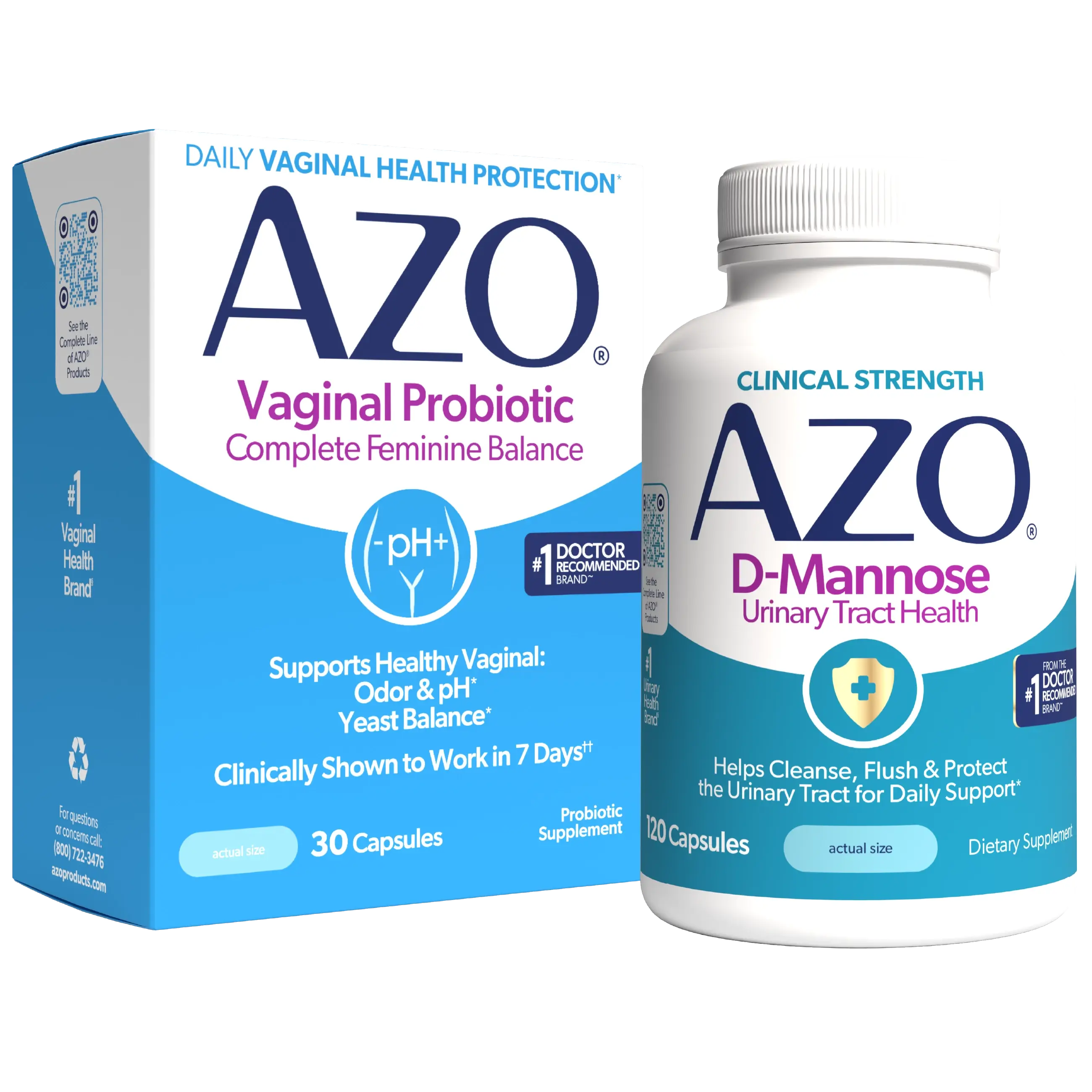 AZO Vaginal Probiotic dietary supplement shown with its blue and white retail box and a white bottle labeled AZO D-Mannose Urinary Tract Health, on a plain white background.