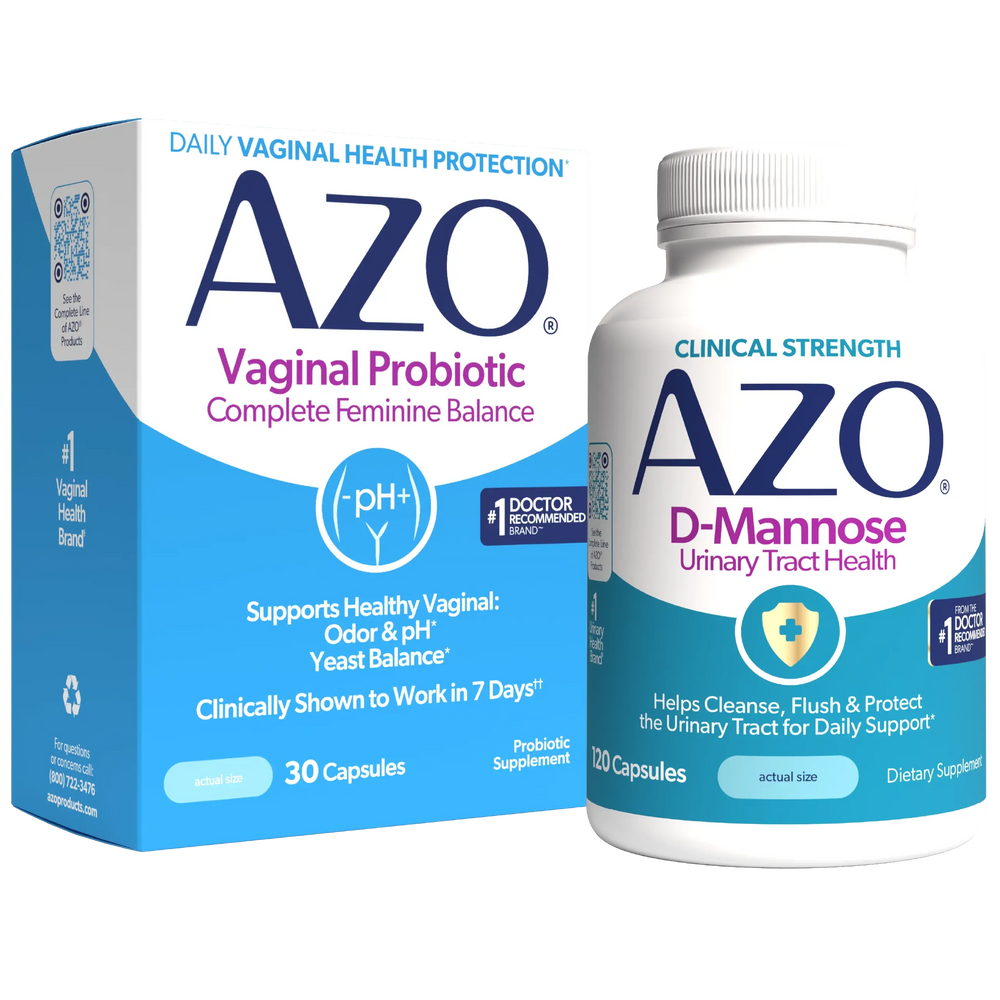 AZO Vaginal Probiotic dietary supplement shown with its blue and white retail box and a white bottle labeled AZO D-Mannose Urinary Tract Health, on a plain white background.