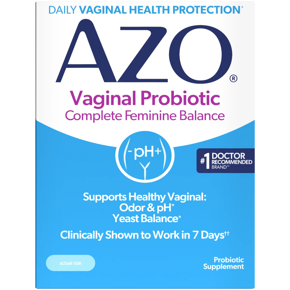 A box of Azo Vaginal Probiotic Complete Feminine Balance, featuring a white and blue design with purple text and a dark blue Azo logo.