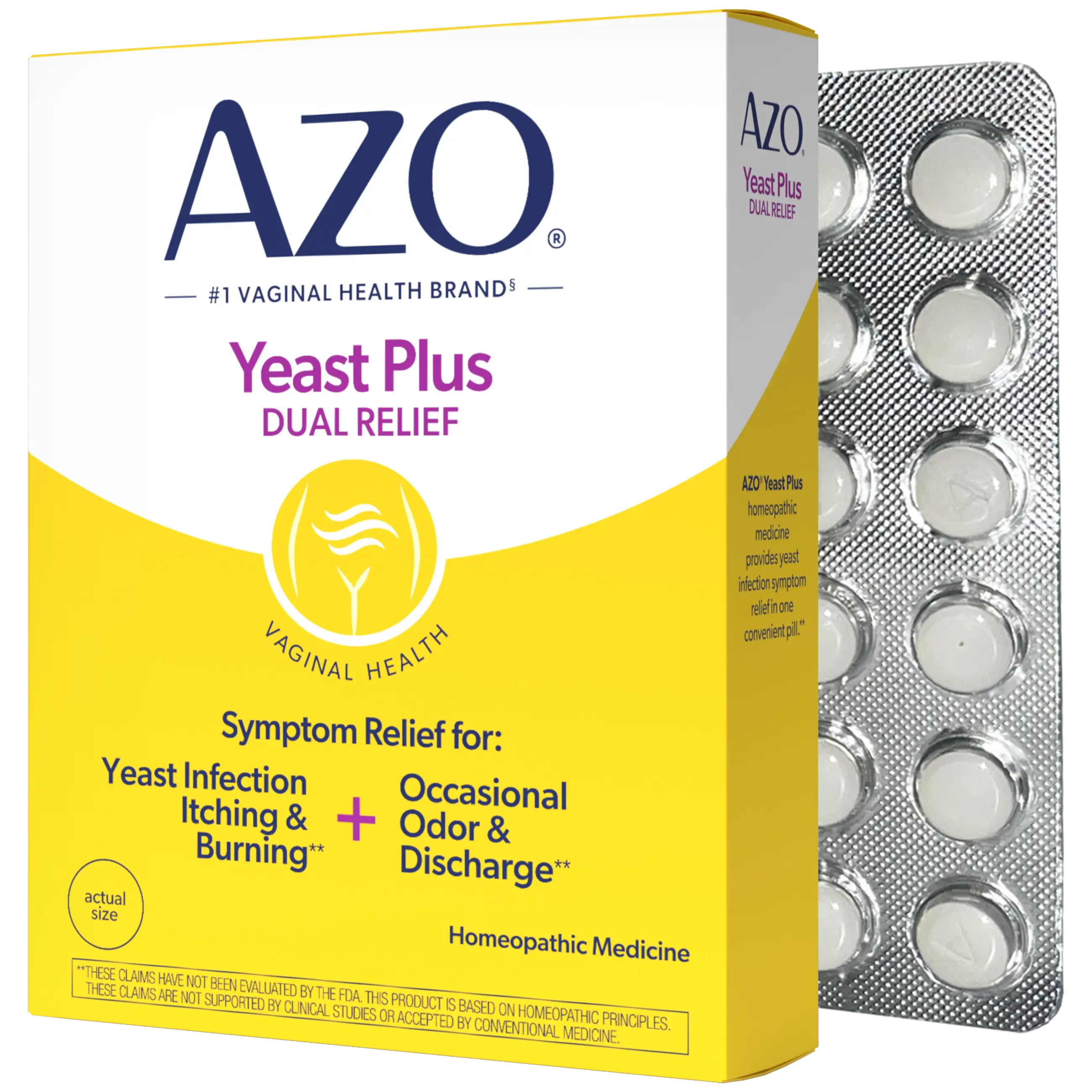 AZO Yeast Plus Dual Relief homeopathic medicine box shown in front of a silver blister pack containing round white tablets on a white background.