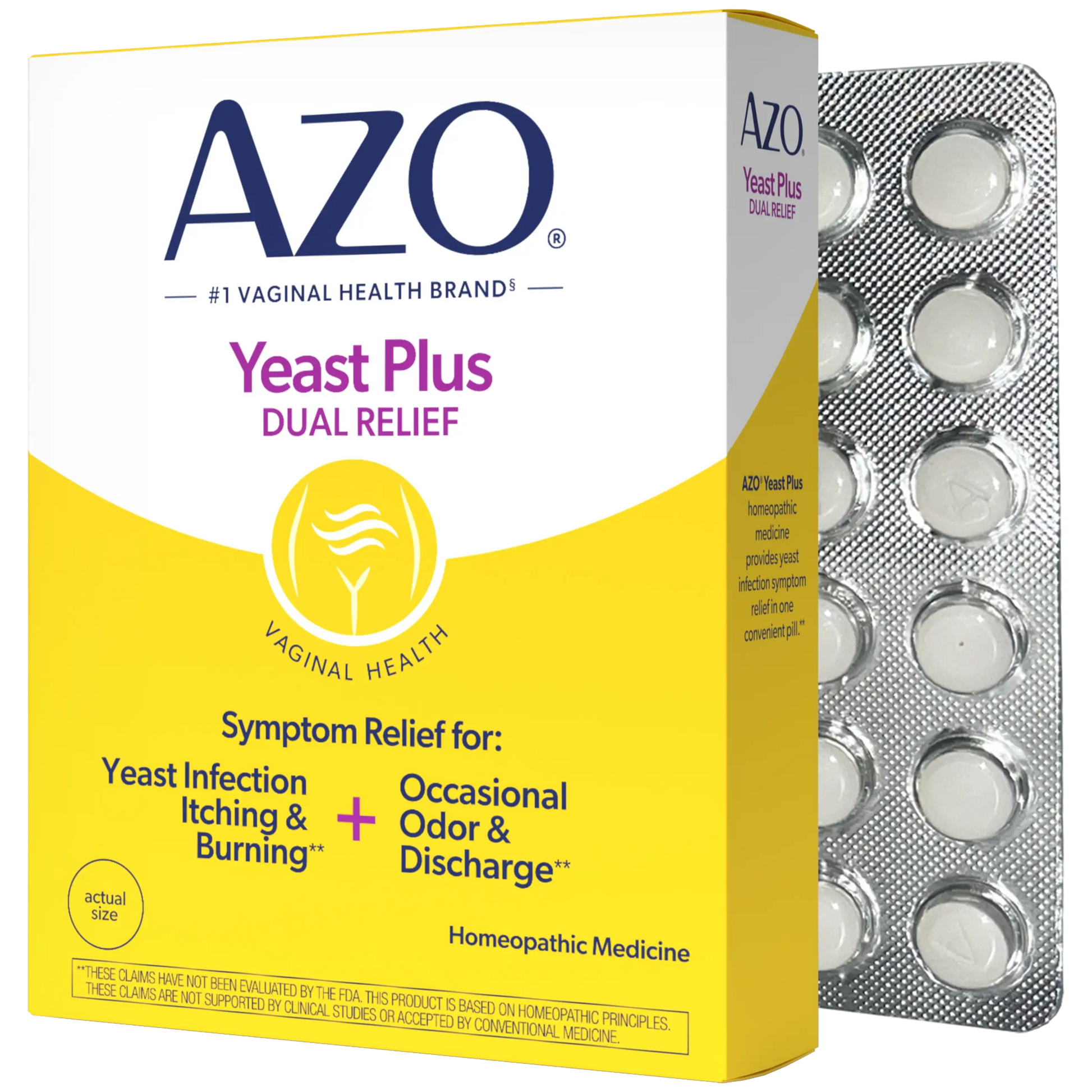 AZO Yeast Plus Dual Relief homeopathic medicine box shown in front of a silver blister pack containing round white tablets on a white background.