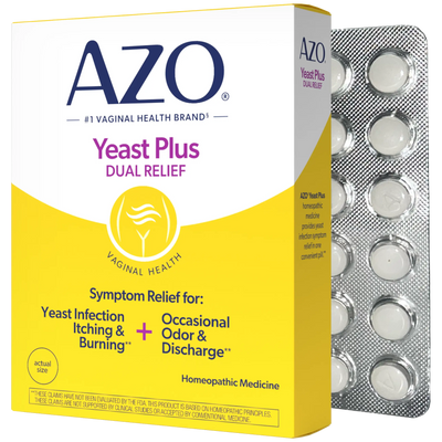 AZO Yeast Plus Dual Relief homeopathic medicine box shown in front of a silver blister pack containing round white tablets on a white background.