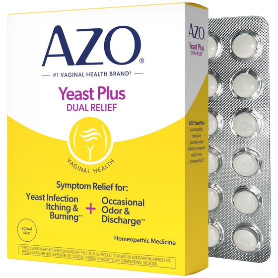 AZO Yeast Plus Dual Relief homeopathic medicine box shown in front of a silver blister pack containing round white tablets on a white background.