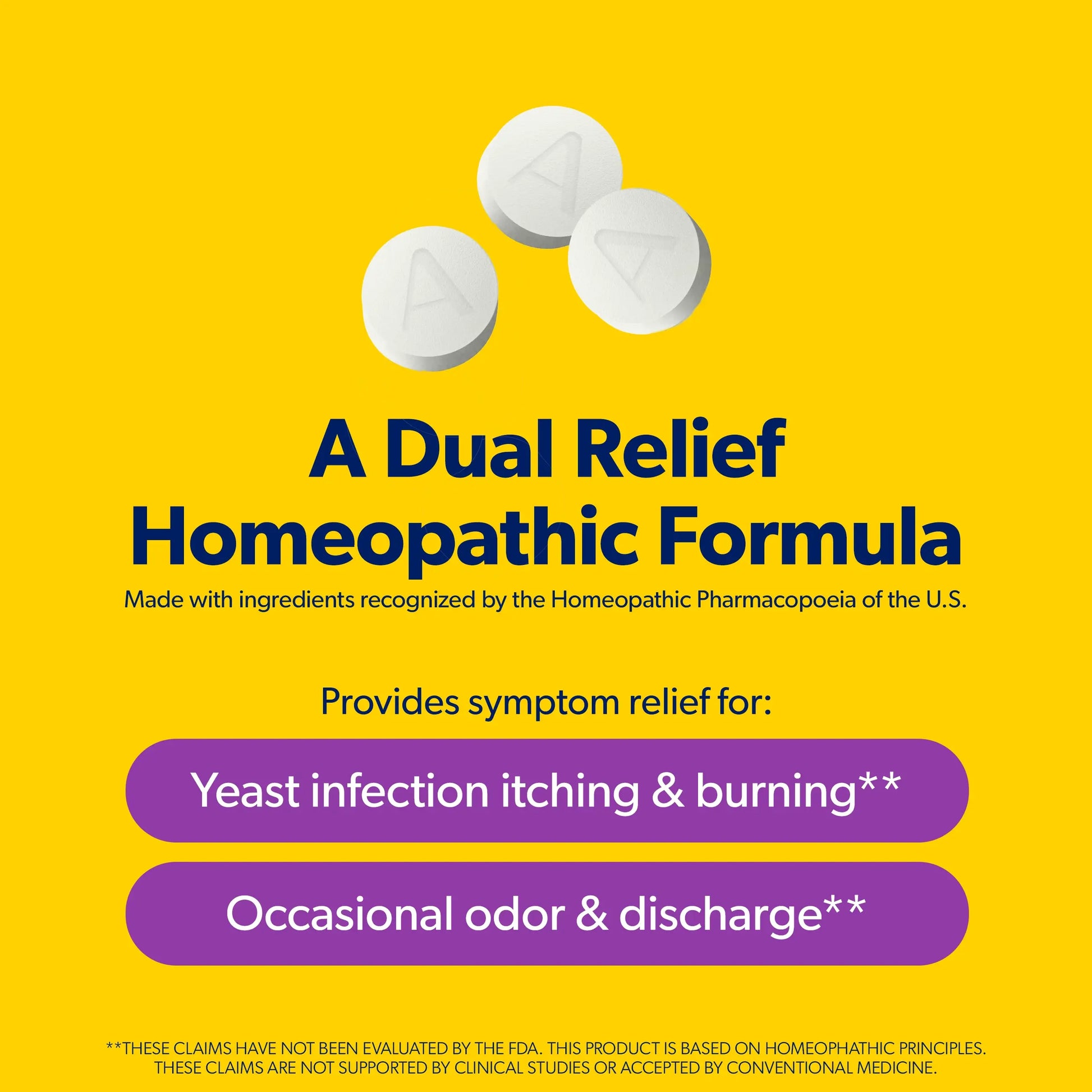 A promotional graphic on a bright yellow background showing three white round tablets at the top and large blue text reading 'A Dual Relief Homeopathic Formula.' Below, purple pill-bottle style labels list relief for 'Yeast infection itching & burning' and 'Occasional odor & discharge,' with small disclaimer text at the bottom.