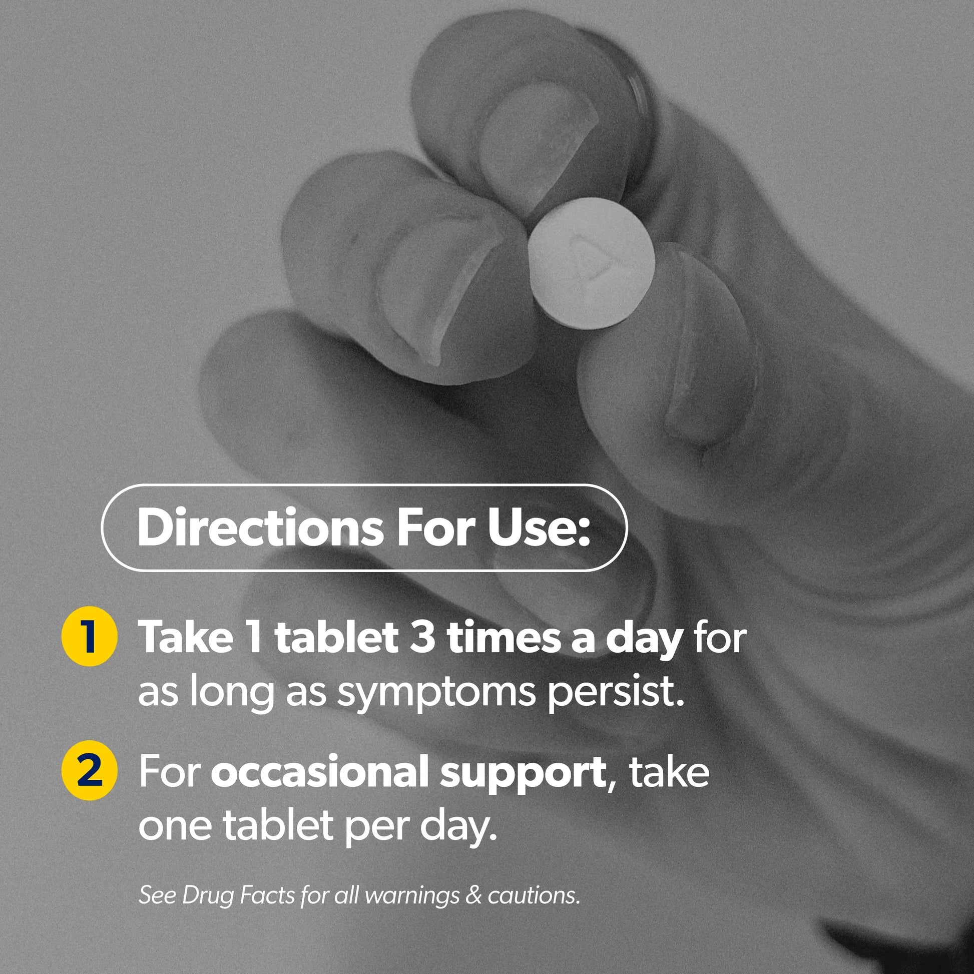 A grayscale instructional graphic showing a hand holding a round white tablet, with text reading 'Directions For Use:' and usage instructions about taking one tablet three times a day or one tablet per day.