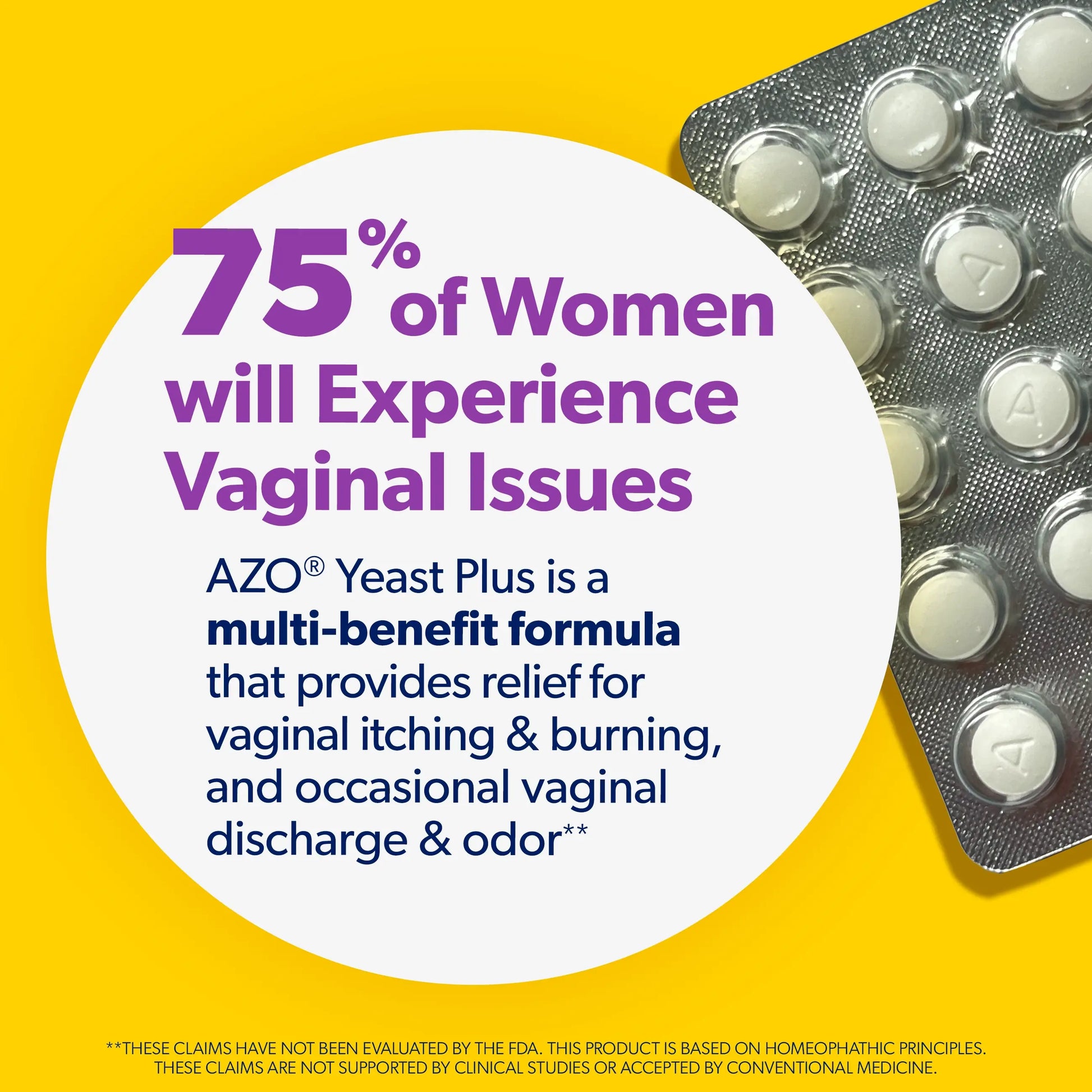 An informational graphic with a bright yellow background, a large white circle containing purple and blue text about women experiencing vaginal issues, and a partial silver blister pack of tablets on the right side.