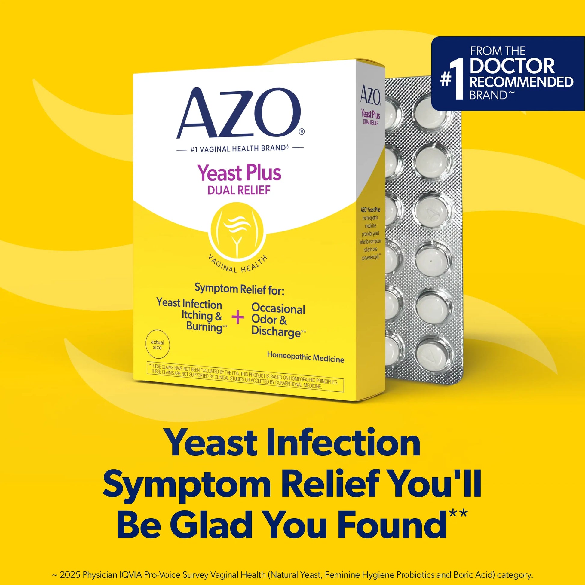 AZO Yeast Plus Dual Relief homeopathic medicine box shown next to a silver blister pack of tablets on a bright yellow background with promotional text and a doctor recommendation badge.
