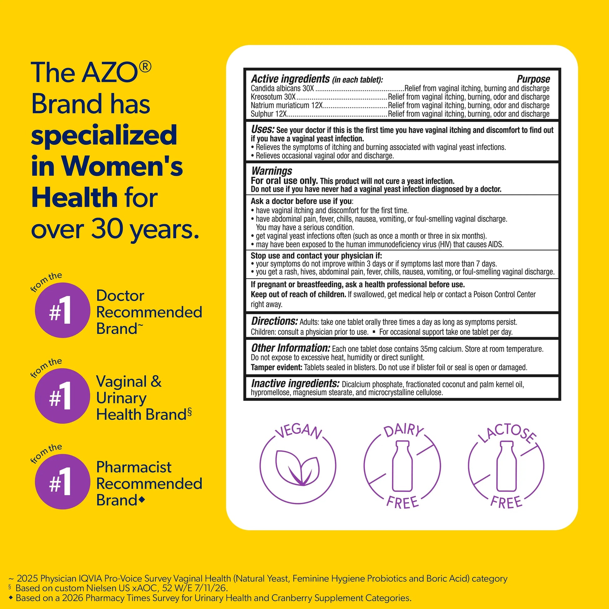 A promotional infographic for AZO Brand vaginal discharge relief tablets, featuring a yellow and white product box with active ingredients, warnings, and icons indicating it is Doctor Recommended, Vaginal & Urinary Health Brand, and Pharmacist Recommended. The background is a soft pastel gradient of yellow, green, and blue, with AZO Brand branding and text at the top left.