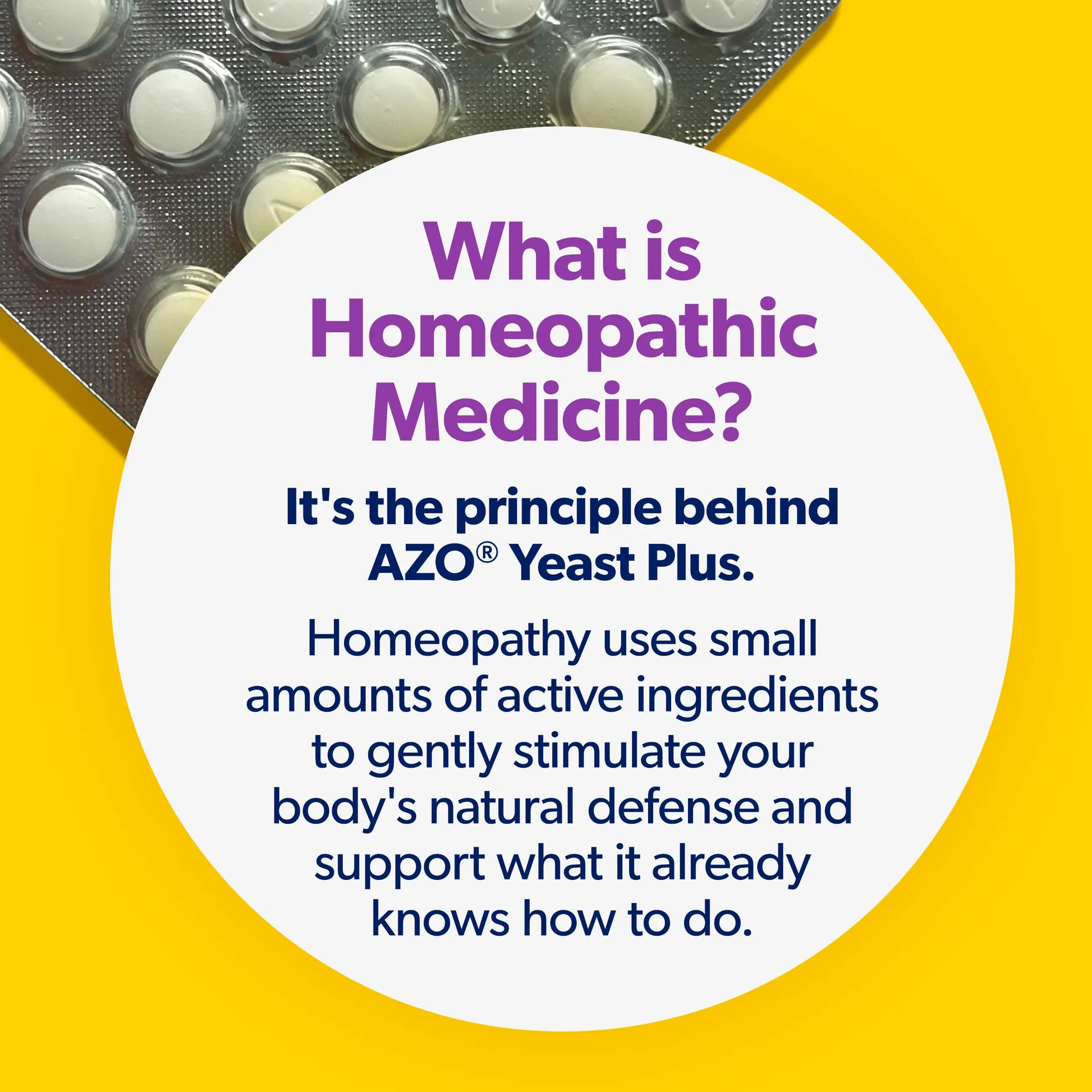 An informational graphic with a yellow background and a large white circle containing text about homeopathic medicine. A partial silver blister pack with white tablets appears in the top left corner.